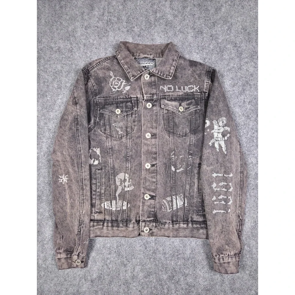 Brooklyn Cloth Denim Jacket Mens Medium Gray Acid Wash Graphics No Luck Skull